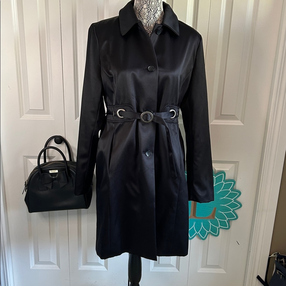 Via Spiga Black Trench Coat with Grommet Belt, Size 14